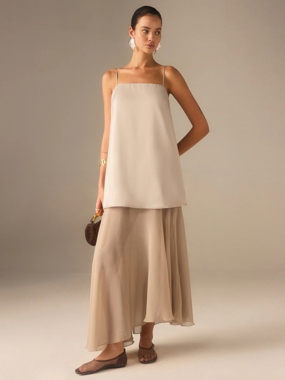 NWT Commense 2 in 1 Semi-Sheer Chiffon Cami Maxi Dress Khaki Size Medium - Picture 5 of 10